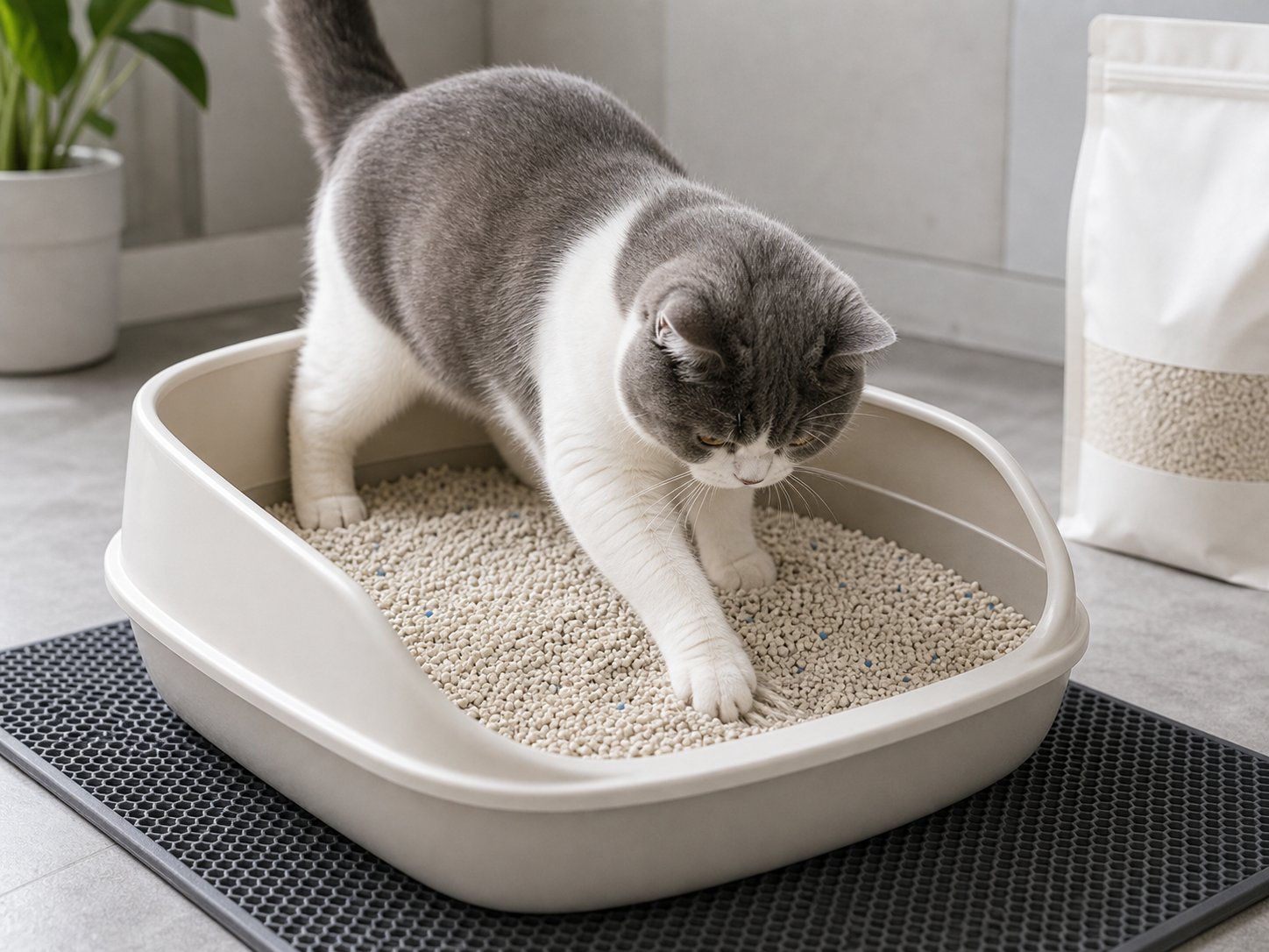 AI-generated realistic cat digging in clean cat litter inside a litter box