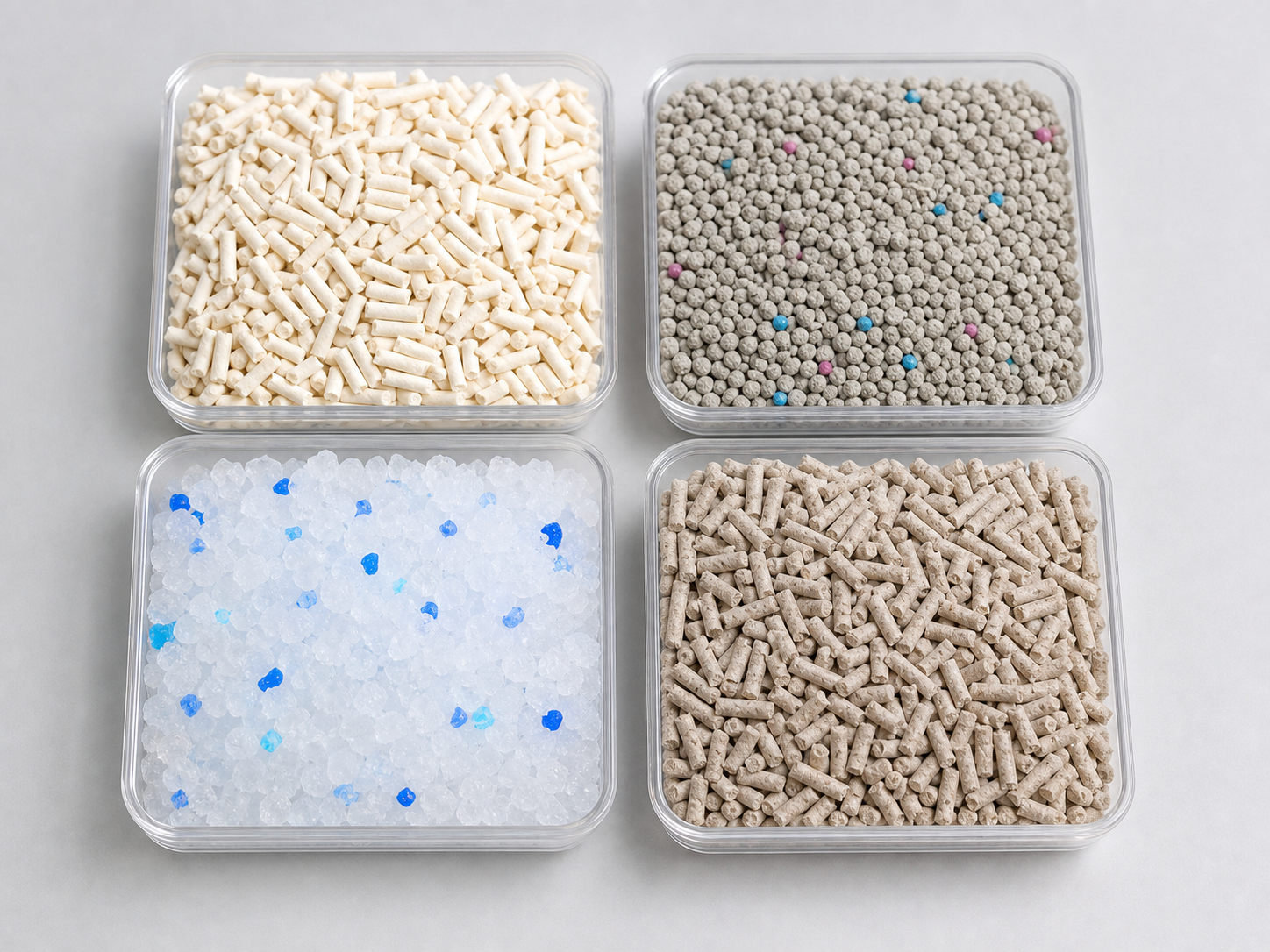 AI-generated sample trays of mixed cat litter materials