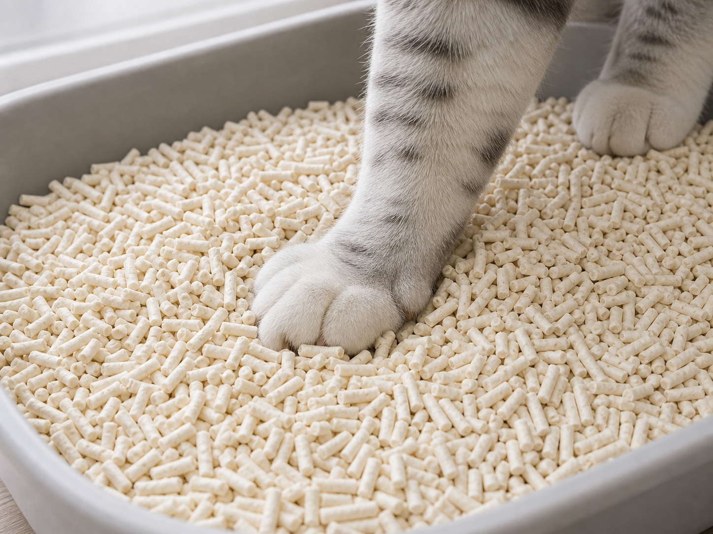 AI-generated realistic cat paw pressing into clean pellet cat litter