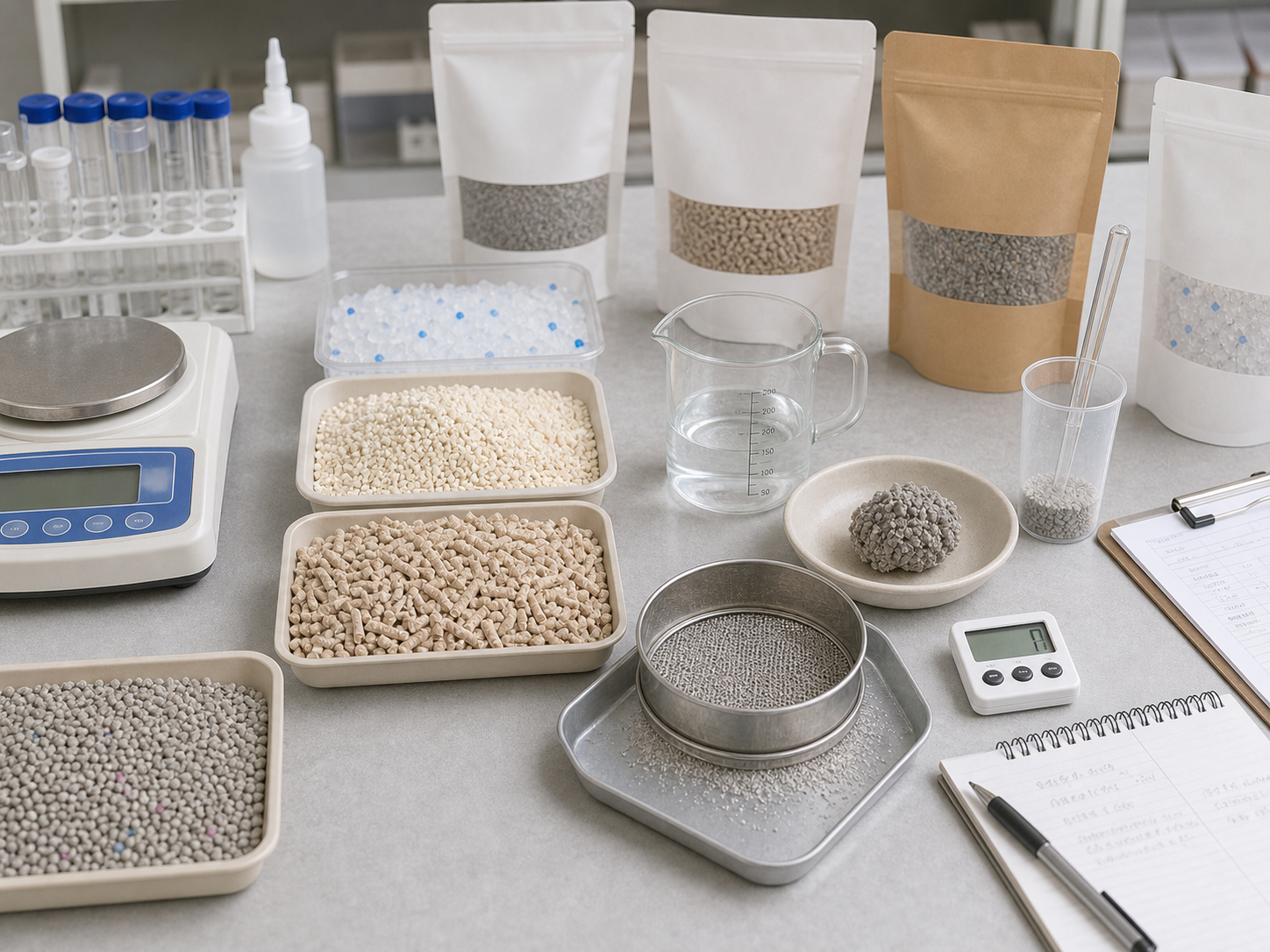 AI-generated realistic cat litter lab testing bench for sample-based RFQ review