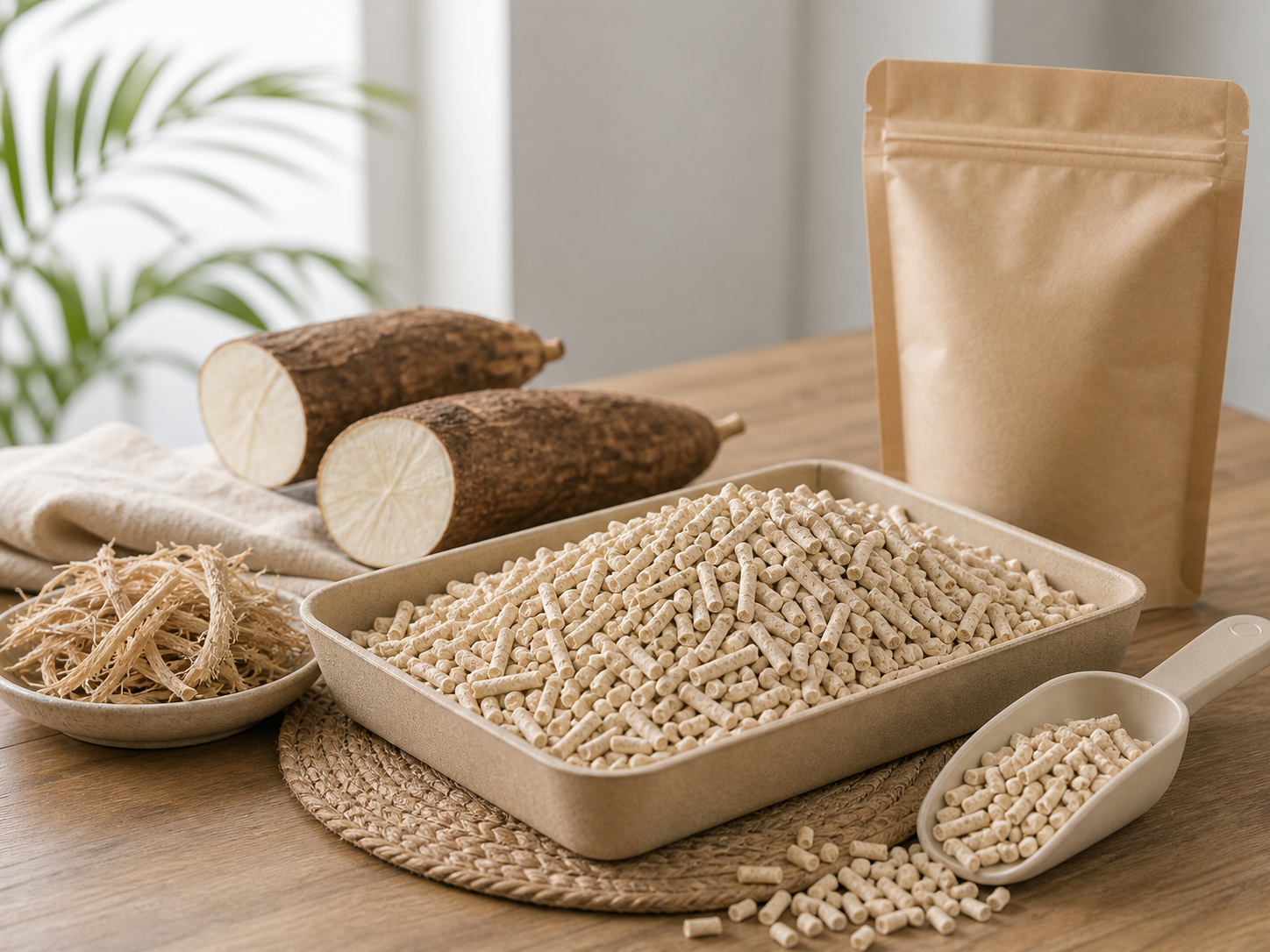 AI-generated realistic cassava and plant fiber cat litter pellets with raw material context