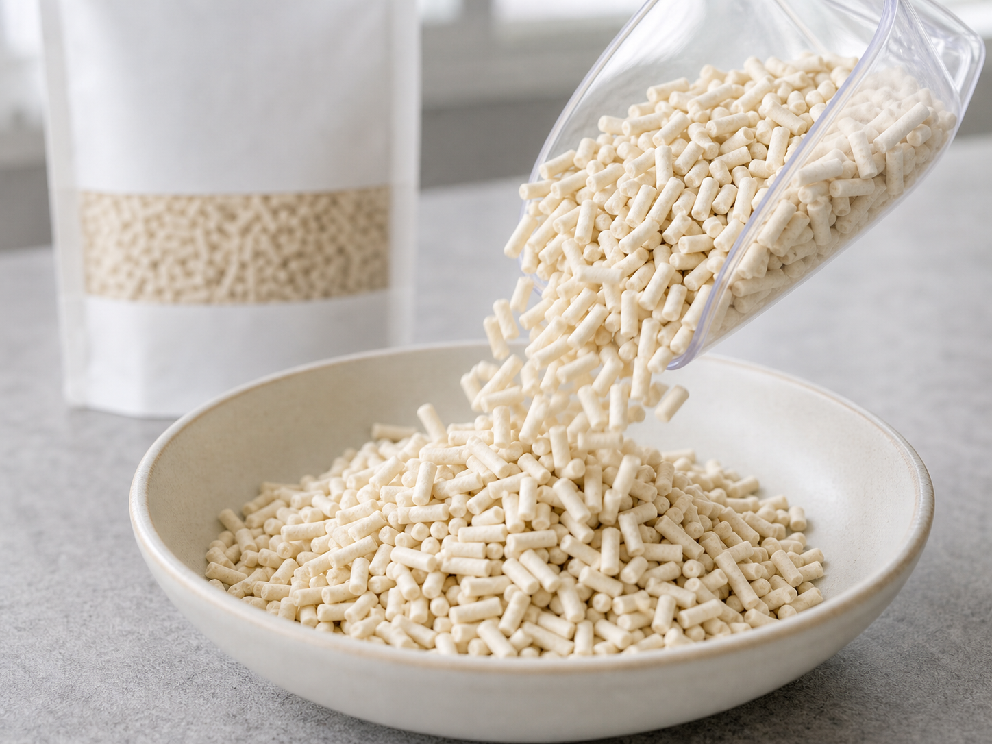 AI-generated realistic macro image of tofu cat litter pellets poured into a bowl
