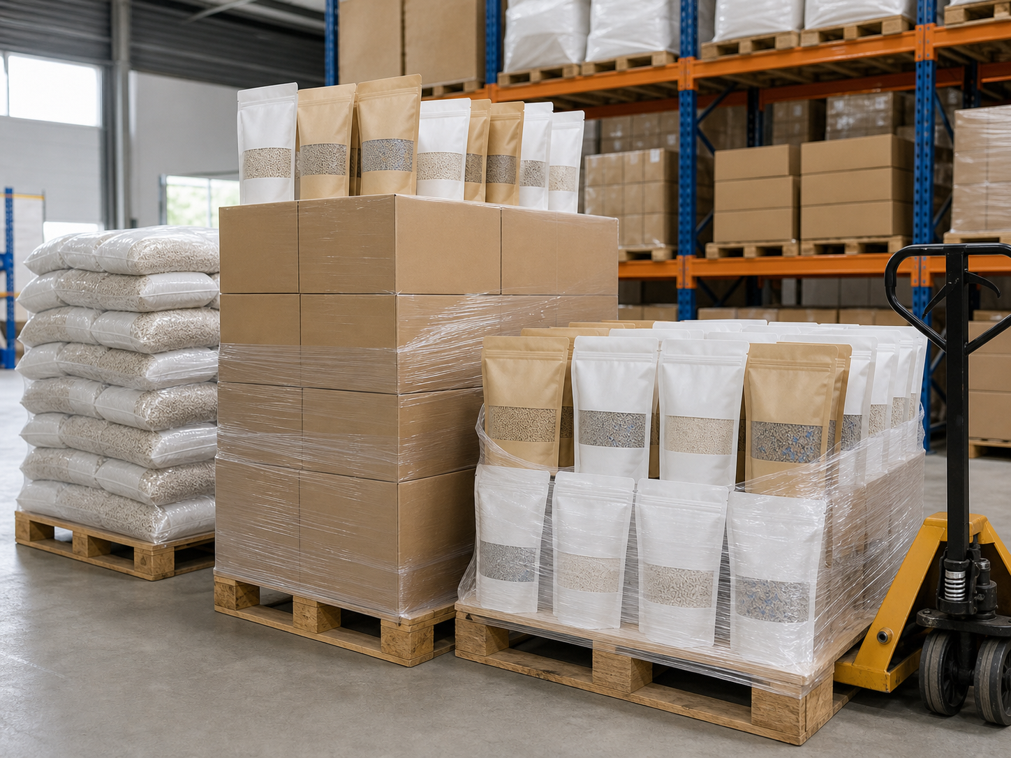 AI-generated realistic warehouse pallets of unbranded cat litter bags and cartons